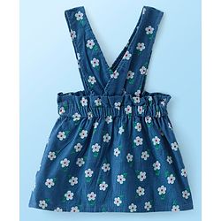Babyhug Cotton Knit Floral Printed Frock With Half Sleeves Inner T-Shirt - White & Blue