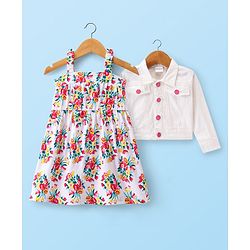 Babyhug Cotton Knit Full Sleeves Jacket With Frock Floral Print - White