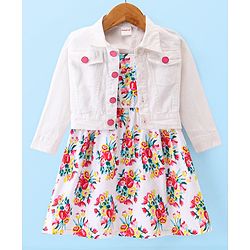 Babyhug Cotton Knit Full Sleeves Jacket With Frock Floral Print - White