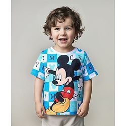 Babyhug Disney Cotton Knit Half Sleeves T-Shirt Mickey Mouse Print - Blue