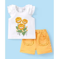 Babyhug Single Jersey Half Frilled Sleeves Flower Printed Top & Polka Dot Printed Shorts Set - White & Yellow