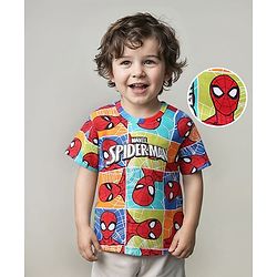 Babyhug Marvel Cotton Knit Half Sleeves Oversized T-Shirt with Spiderman Print - Multicolor