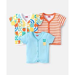 Babyhug 100% Cotton Knit  Half Sleeves Front Open Vests  Striped & Fruit Print Pack of 3 - Multicolour