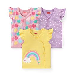Babyhug 100% Cotton Knit Front Open Frill Sleeves Heart Printed Vest Pack of 3 - Multicolour