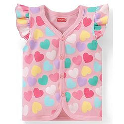 Babyhug 100% Cotton Knit Front Open Frill Sleeves Heart Printed Vest Pack of 3 - Multicolour