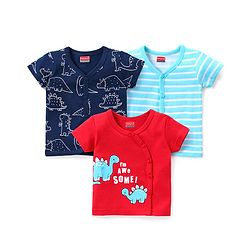 Babyhug 100% Cotton Knit Half Sleeves Striped & Dino Printed Set of Vests Pack of 3 - Multicolour