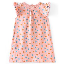 Babyhug Cotton Knit Frill Sleeves Nighty Heart Print - Pink