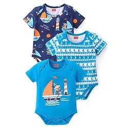 Babyhug 100% Cotton Knit Interlock Half Sleeves Onesies With Light House & Boat Pack Of 3 - Blue