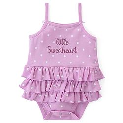 Babyhug 100% Cotton Knit Sleeveless Frock Style Onesie Text & Polka Dots Print - Lilac