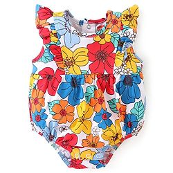 Babyhug 100% Cotton Knit Frill Sleeves Onesies Floral Print - Blue White & Red