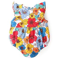 Babyhug 100% Cotton Knit Frill Sleeves Onesies Floral Print - Blue White & Red