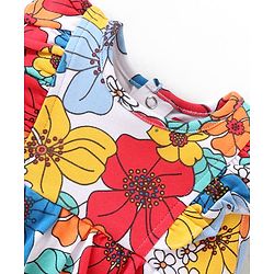Babyhug 100% Cotton Knit Frill Sleeves Onesies Floral Print - Blue White & Red