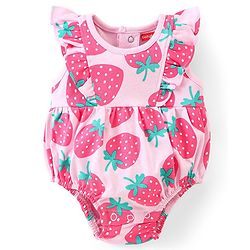 Babyhug 100% Cotton Knit Frill Sleeves Strawberry Printed Onesie - Pink