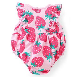 Babyhug 100% Cotton Knit Frill Sleeves Strawberry Printed Onesie - Pink