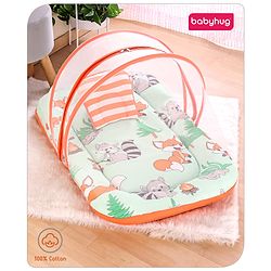 Babyhug Cotton Mattress Set with Mosquito Net Fox Print- Pista Green