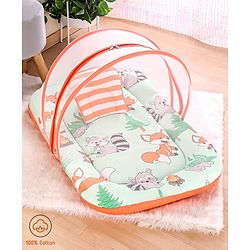 Babyhug Cotton Mattress Set with Mosquito Net Fox Print- Pista Green