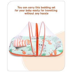 Babyhug Cotton Mattress Set with Mosquito Net Fox Print- Pista Green