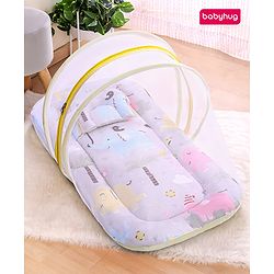 Babyhug Cotton Mattress Set with Mosquito Net Fox Print- Pista Green