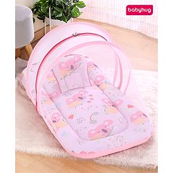 Babyhug Cotton Mattress Set with Mosquito Net Fox Print- Pista Green