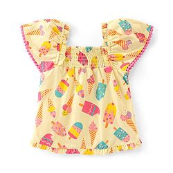 Babyhug 100% Cotton Woven Half Sleeves Cropped Top With Smocking, Lace Detailing & Ice Cream Print - Yellow