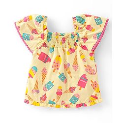 Babyhug 100% Cotton Woven Half Sleeves Cropped Top With Smocking, Lace Detailing & Ice Cream Print - Yellow