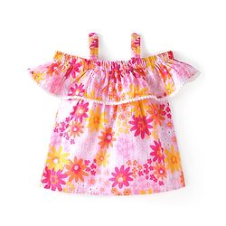 Babyhug Cotton  Woven  Cold Shoulder Sleeves  Top with Frills and Floral - Multicolour
