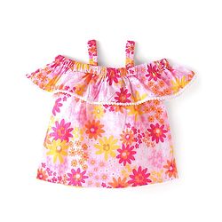Babyhug Cotton  Woven  Cold Shoulder Sleeves  Top with Frills and Floral - Multicolour