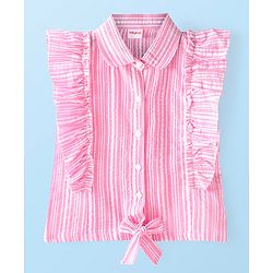 Babyhug Cotton Woven Sleeveless Striped Top with  Frill & Knot Detailing  - Pink