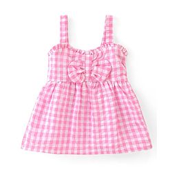 Babyhug Cotton Checked Sleeveless Woven Top With Bow Detailing - Pink