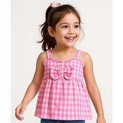 Babyhug Cotton Checked Sleeveless Woven Top With Bow Detailing - Pink