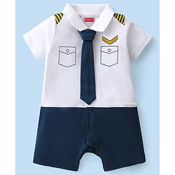 Babyhug 100% Cotton Knit Half Sleeves Pilot Theme Romper with Tie - Navy & White