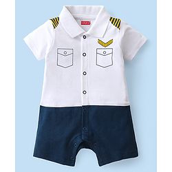 Babyhug 100% Cotton Knit Half Sleeves Pilot Theme Romper with Tie - Navy & White