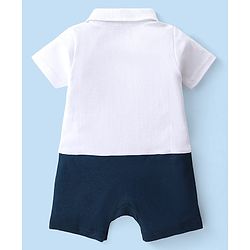 Babyhug 100% Cotton Knit Half Sleeves Pilot Theme Romper with Tie - Navy & White
