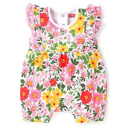 Babyhug 100% Cotton Knit Frill Sleeves Floral Printed Romper - Multicolour