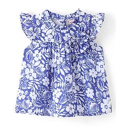 Babyhug 100% Cotton Frill Sleeves Woven Top With Bow Detailing & Floral Print - Blue