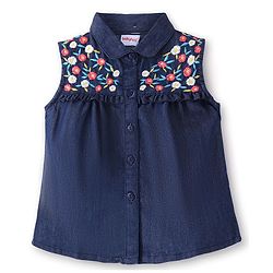 Babyhug Cotton Woven A-Line Sleeveless Shirt Styled Top With Floral Embroidery - Navy