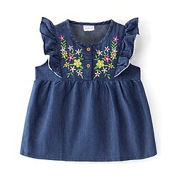 Babyhug Cotton Woven Frill Sleeves Top with Floral Embroidery - Blue