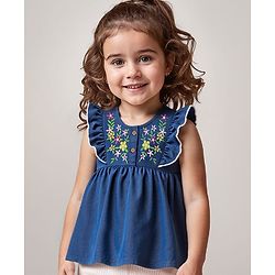 Babyhug Cotton Woven Frill Sleeves Top with Floral Embroidery - Blue