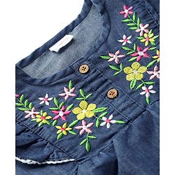 Babyhug Cotton Woven Frill Sleeves Top with Floral Embroidery - Blue