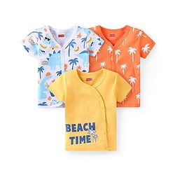 Babyhug 100% Cotton Half Sleeves Set Of Vests Dino & Text Print Pack Of 3 - Orange Yellow & White