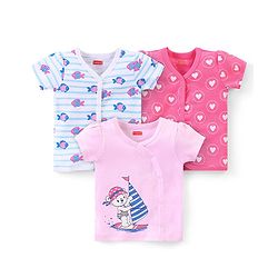 Babyhug 100% Cotton Half Sleeves Front Open Vest  Fish Hearts & Teddy Print Pack of 3 - Pink & Blue