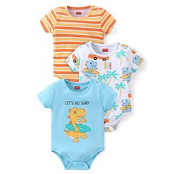Babyhug 100% Cotton Knit Half Sleeves Onesies with Striped & Dino Print Pack of 3 - Multicolour