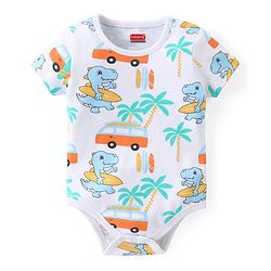 Babyhug 100% Cotton Knit Half Sleeves Onesies with Striped & Dino Print Pack of 3 - Multicolour