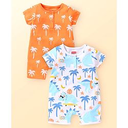 Babyhug 100% Cotton Knit Half Sleeves Romper with Tree Print Pack of 2 - Multicolour