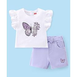 Babyhug Single Jersey Half Sleeves Top And Shorts Set Butterfly Print - White & Lilac
