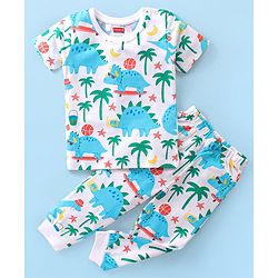 Babyhug Cotton Knit Half Sleeves Night Suit Dino Print - Blue