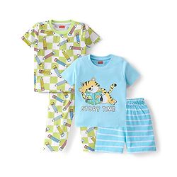 Babyhug Single Jersey Knit  Half Sleeves Nightsuits with Pencil & Tiger Print Pack of 2 - Multicolour