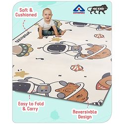 Babyhug Premium Reversible Foldable Waterproof Floor mat- 6 ft x 4 ft| Thickness 8mm|Space Theme|Colorful|Learn and Play Mat|Soft Foam Mat|Baby Massage|Easy to Carry Bag|0-12 Years|BIS Certified