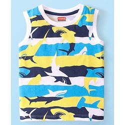 Babyhug Cotton Sleeveless Striped T-Shirt With All Over Sharks Print - Multicolor