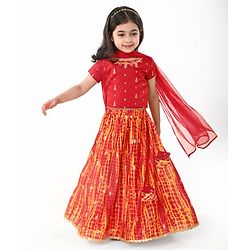 Babyhug Short Sleeves Embroidered Choli With Leheriya Printed Lehenga and Dupatta Set - Orange & Red